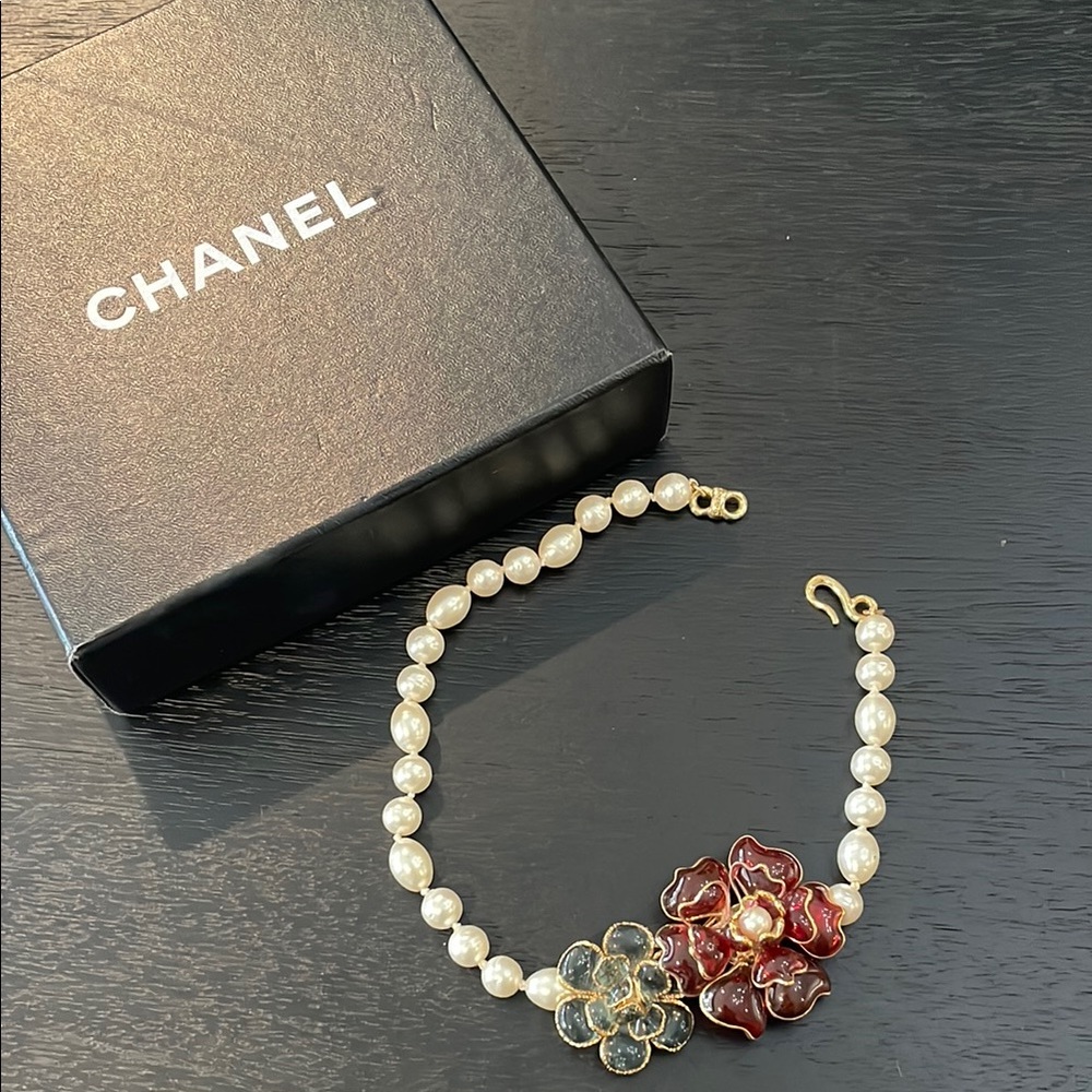 CHANEL Pearl Necklace with Red and Gold Floral Design